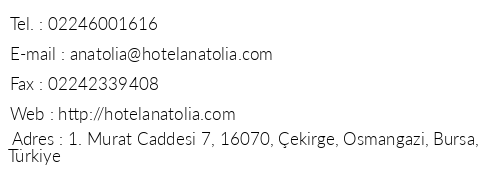 Hotel Anatolia telefon numaralar, faks, e-mail, posta adresi ve iletiim bilgileri